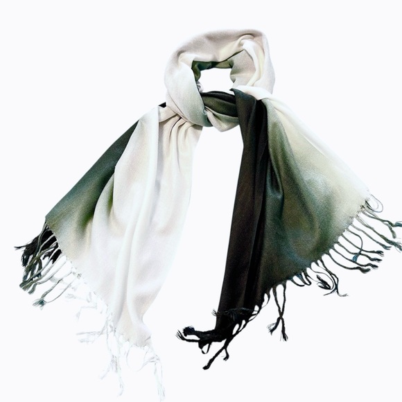 Pashmina Green White Ombre Flat Knotted Fringe Cashmere Wool Silk Scarf NWOT - Picture 2 of 16